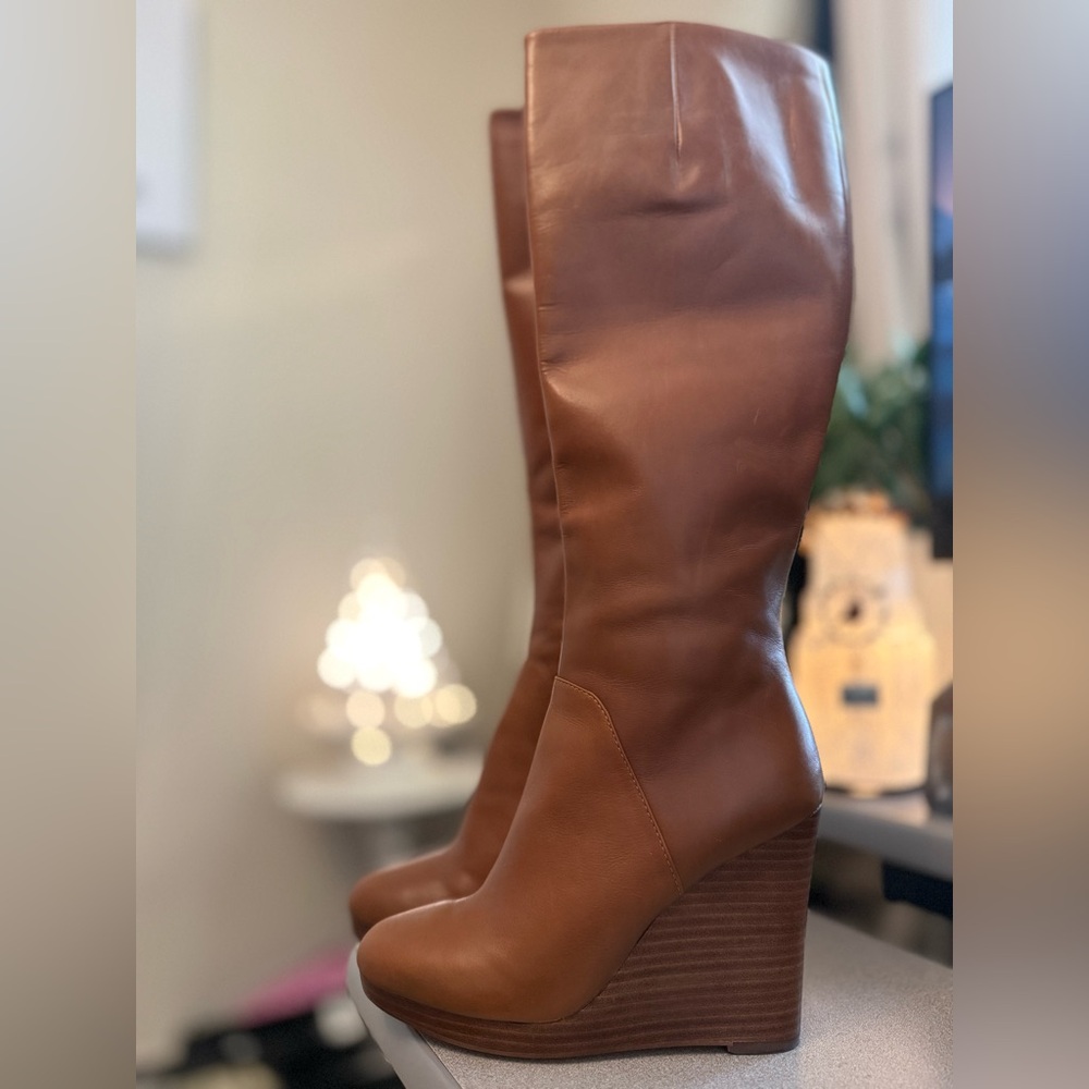 Brown Nine West Leather Knee-High Wedge Boots size 6